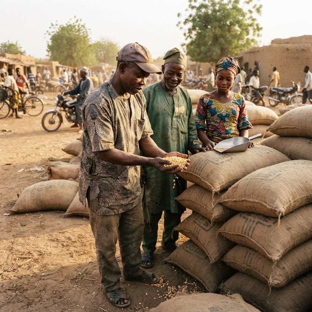 Farmers beside stacked sacks of grain at a rural aggregation point in Nigeria